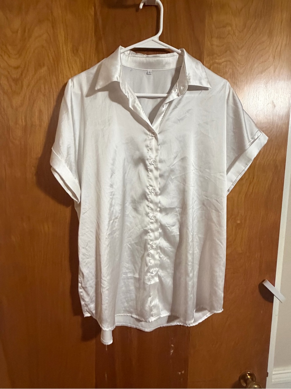 White Satin Short-Sleeve Button-Up Shirt Women’s